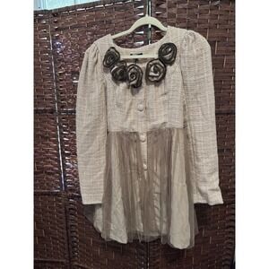 Ryu Dress‎ Tweed Rosette Tulle Trim Beige Party Career Cocktail Women's Medium